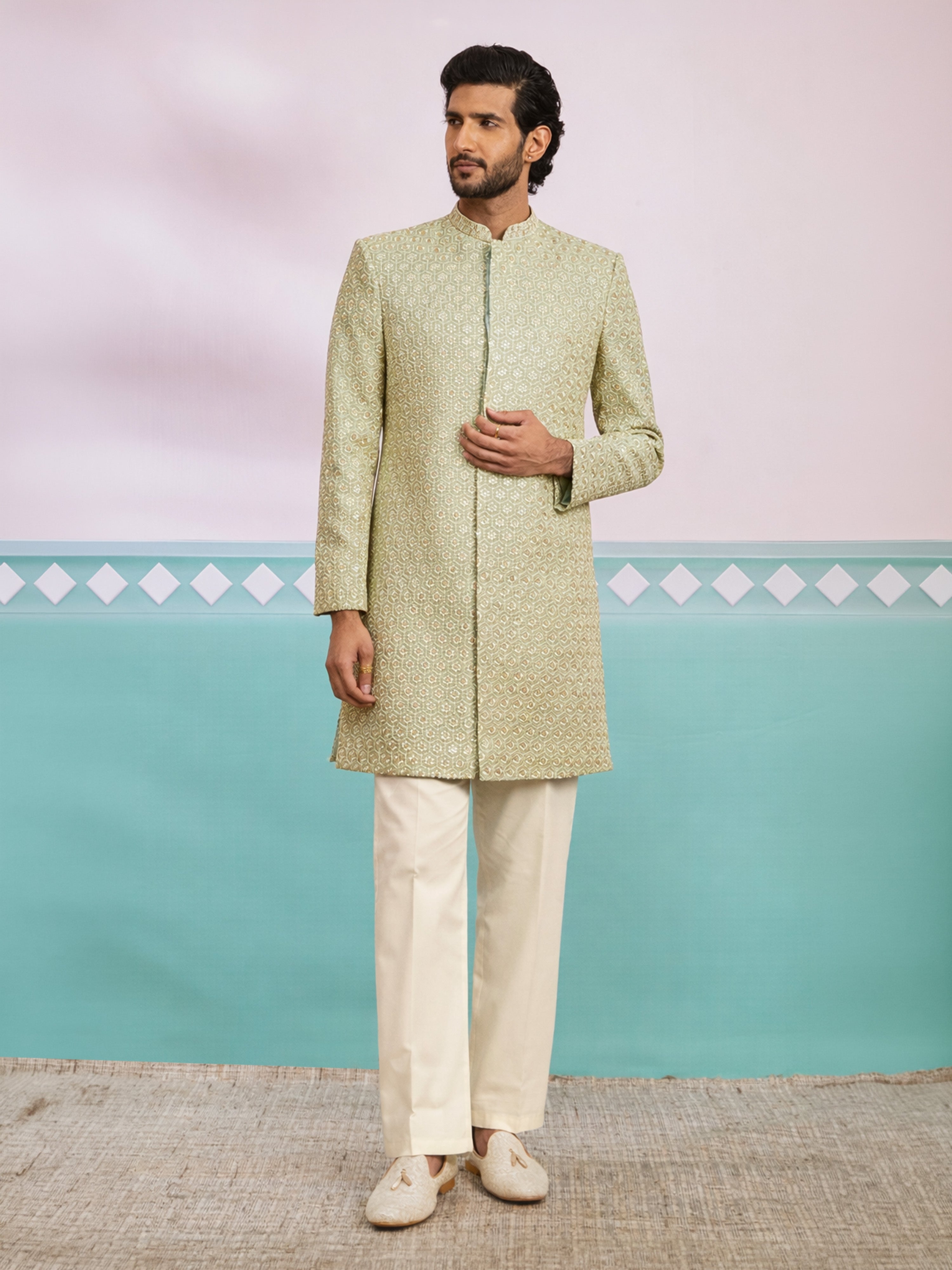 Men's Green Rayon Geometry Thigh Length Indo Western Set with Wide Leg Pant
