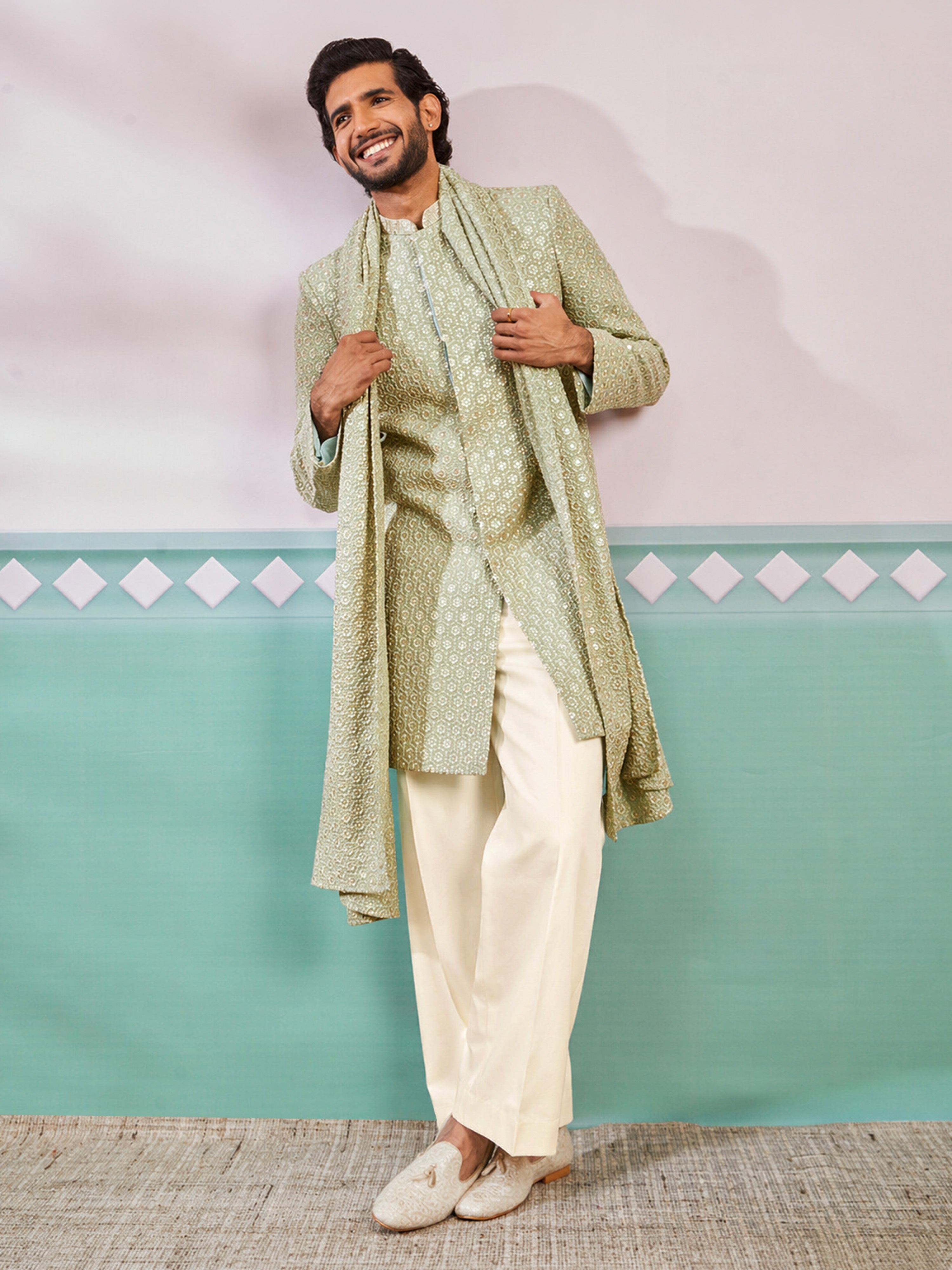 Green Rayon Sequin Indo Western Set with Wide Leg Pants