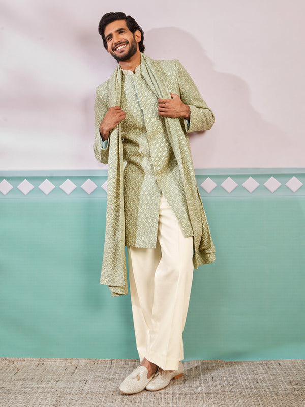 Green Rayon Sequin Indo Western Set with Wide Leg Pants