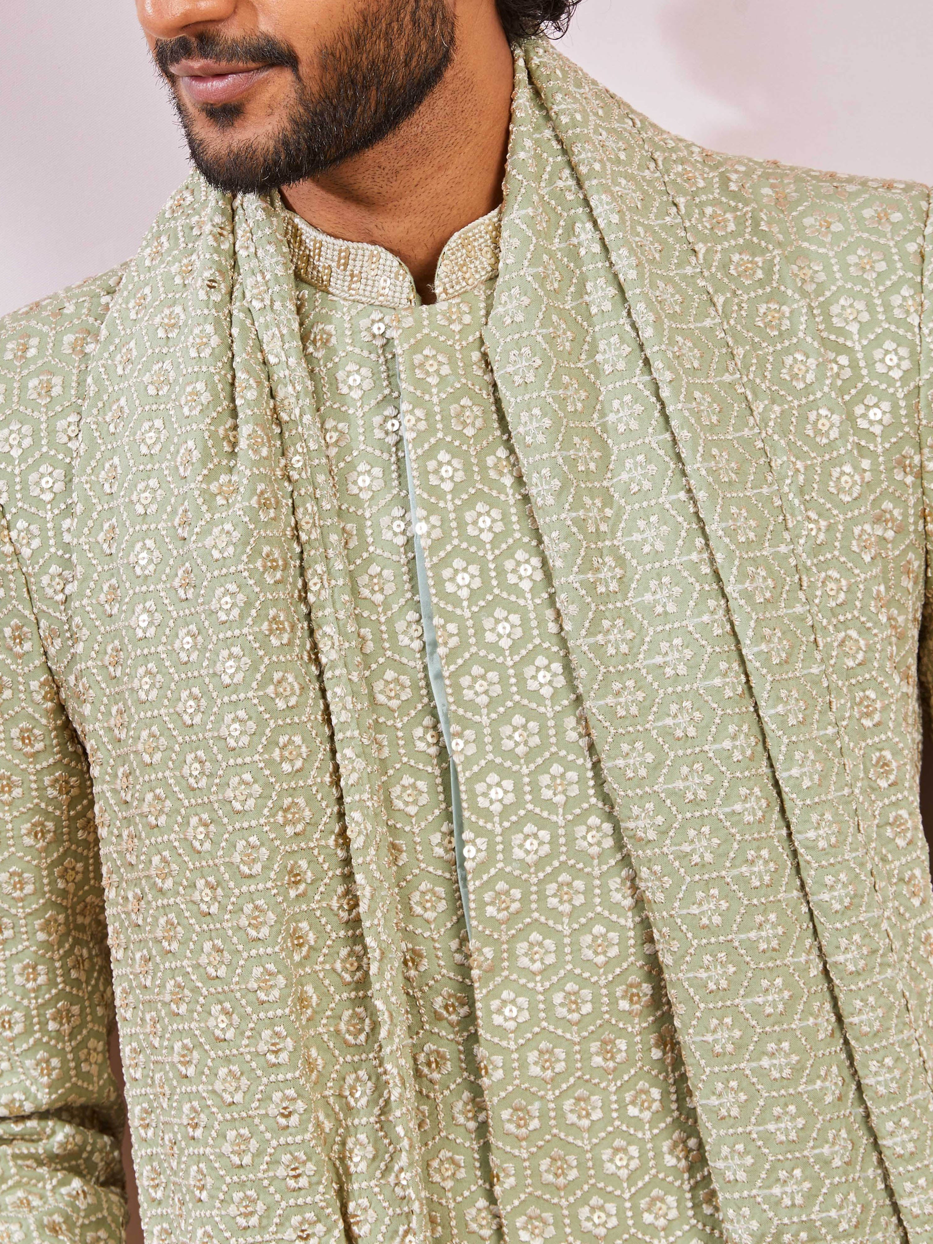 Men's Green Rayon Geometry Calf Length Indo Western Set with Wide Leg Pant