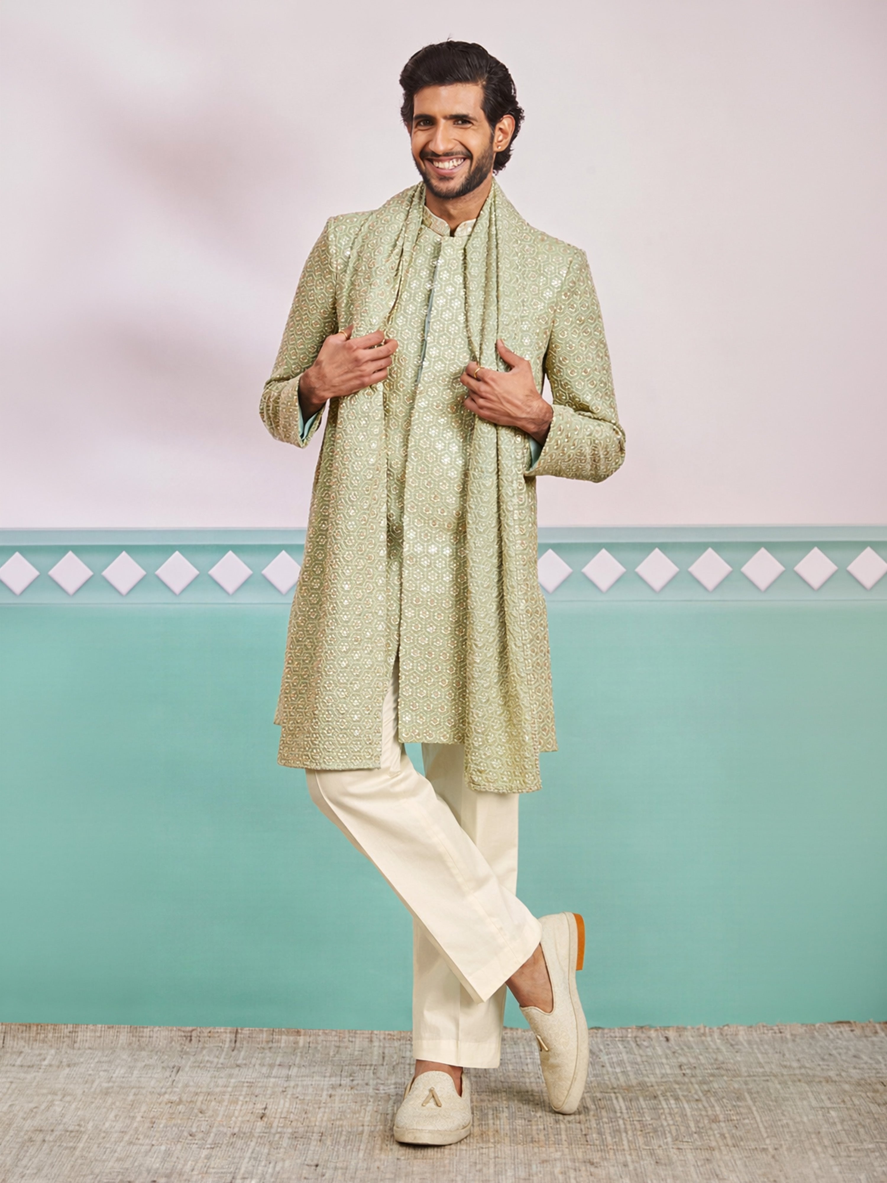 Men's Green Rayon Geometry Calf Length Indo Western Set with Wide Leg Pant