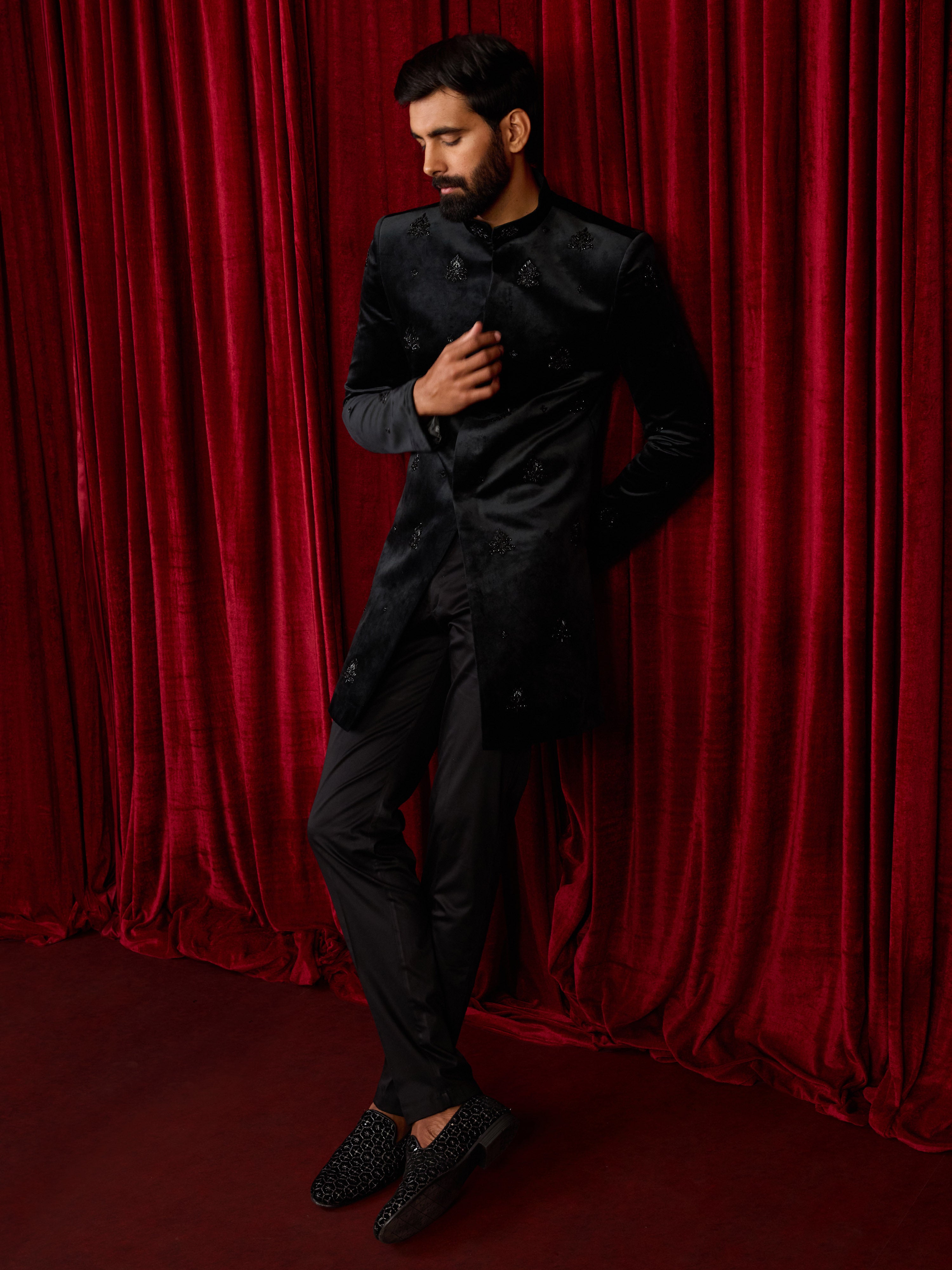 Men's Black Velvet Embroidered, Sequin Thigh Length Indo Western Set with Straight Pant