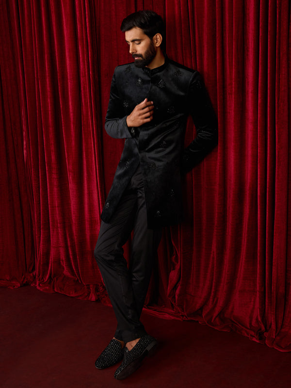 Men's Black Velvet Embroidered, Sequin Thigh Length Indo Western Set with Straight Pant