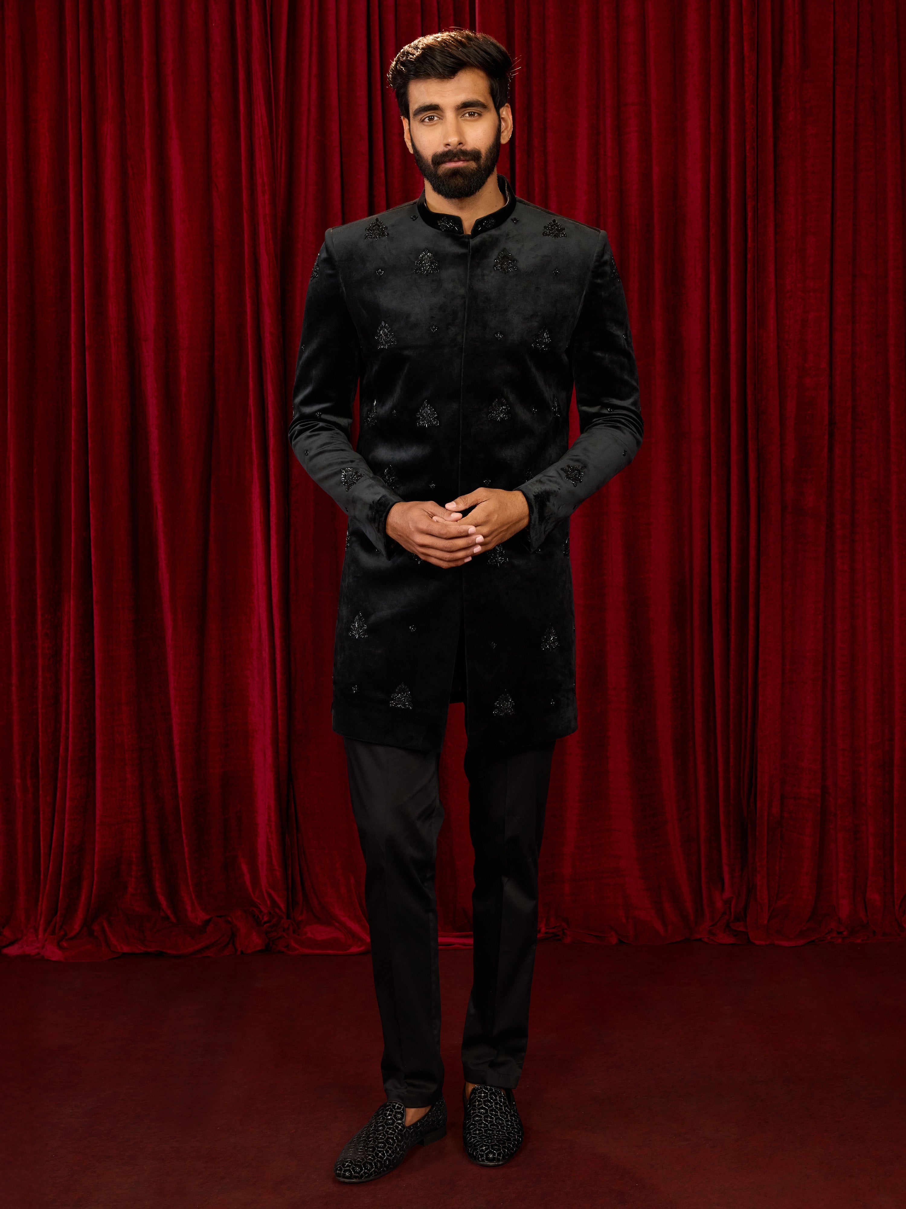 Men's Black Velvet Embroidered, Sequin Thigh Length Indo Western Set with Straight Pant
