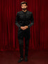 Men's Black Velvet Embroidered, Sequin Thigh Length Indo Western Set with Straight Pant