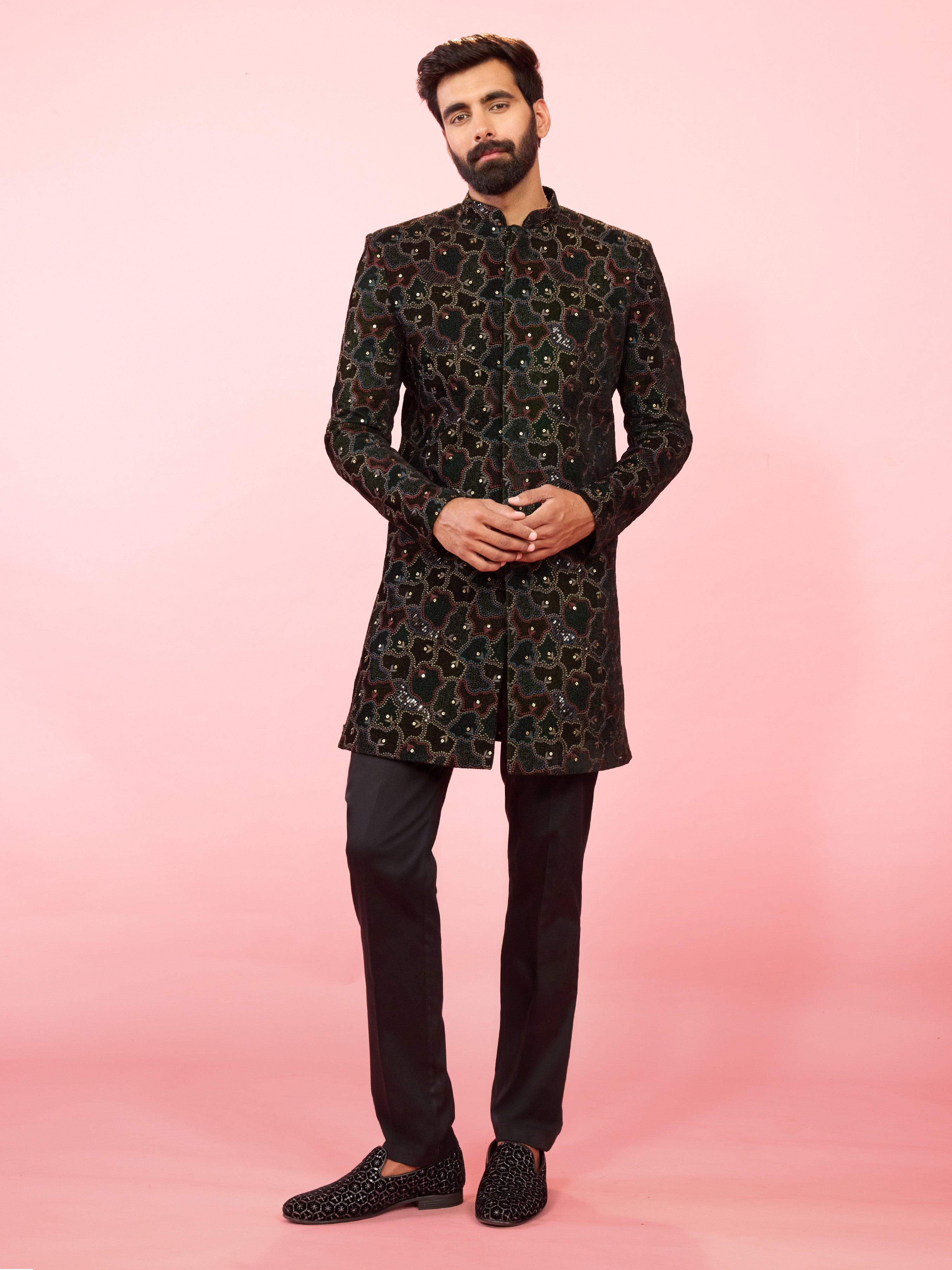 Men's Green Velvet Geometric Embroidered Indo-Western Set with Black Pant