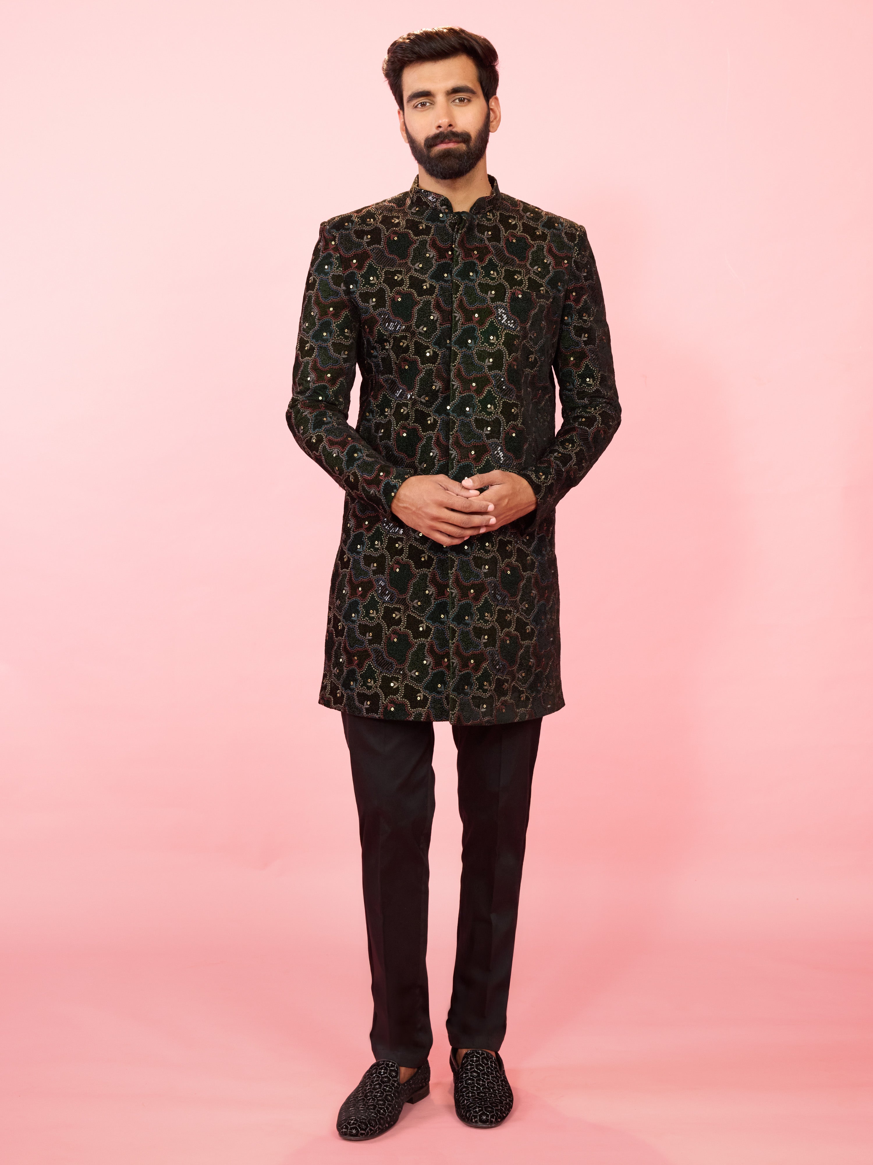 Men's Green Velvet Geometric Embroidered Indo-Western Set with Black Pant