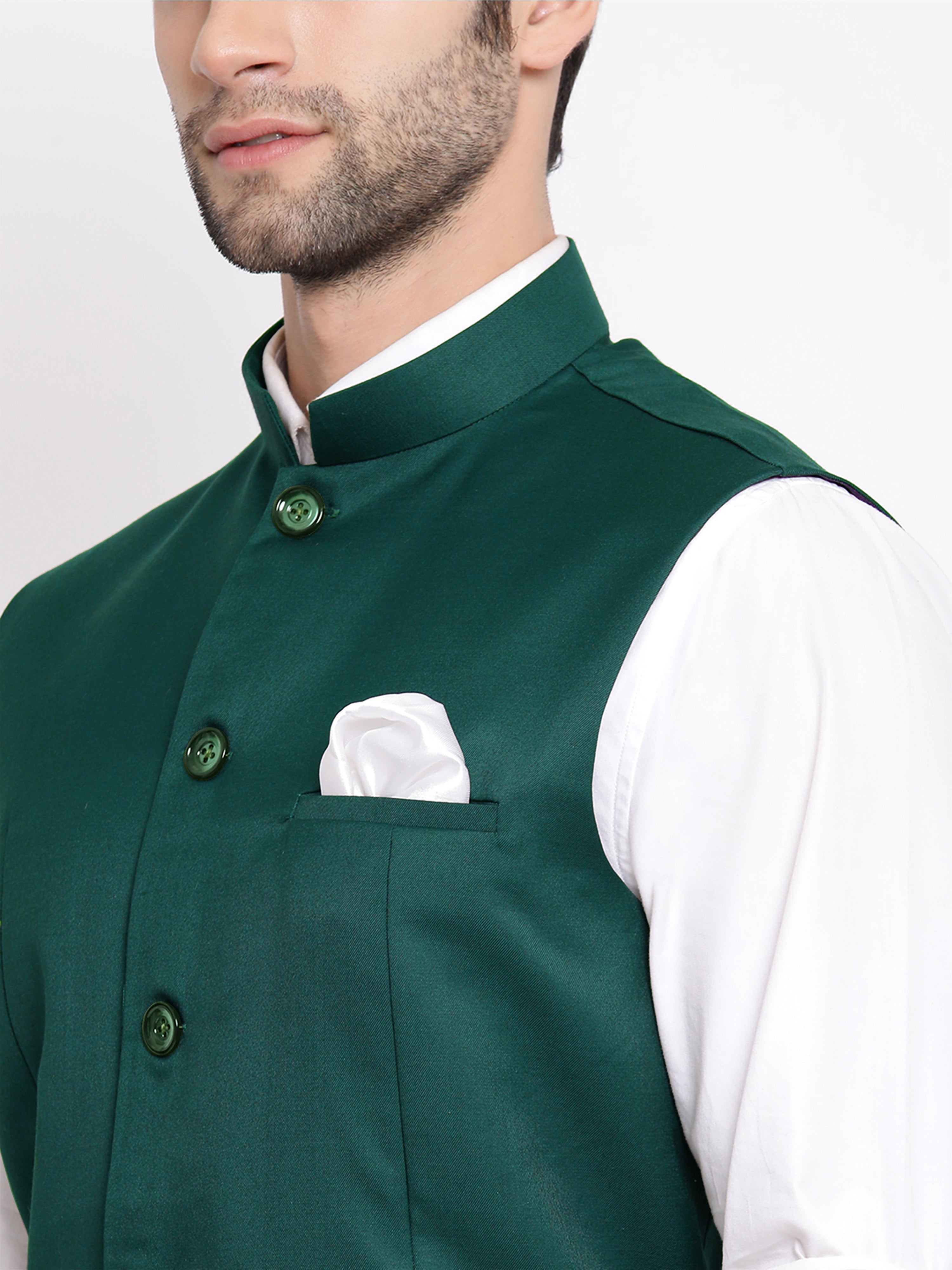 Men's Green Cotton Silk Solid Regular Nehru Jacket
