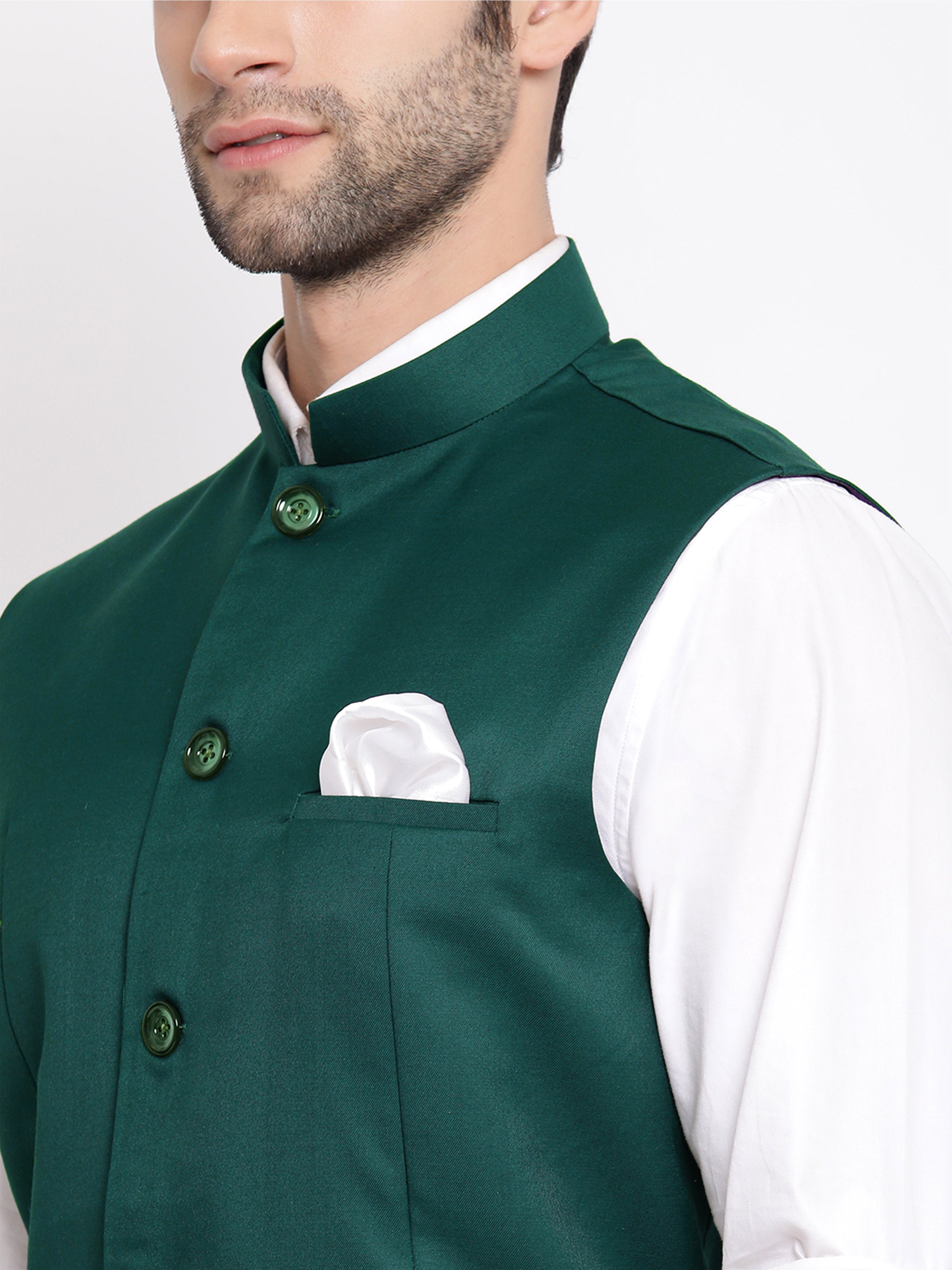 Men Dark Green Solid Plain Regular Nehru Jacket