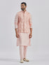 Men's Pink Poly Viscose Jacket, Kurta And Pyjama Set
