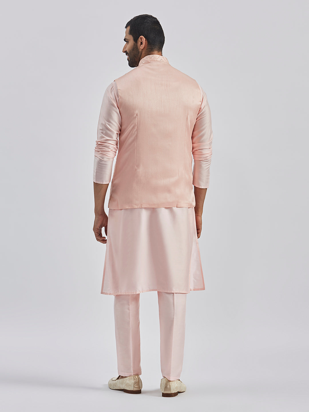 Men's Pink Poly Viscose Jacket, Kurta And Pyjama Set
