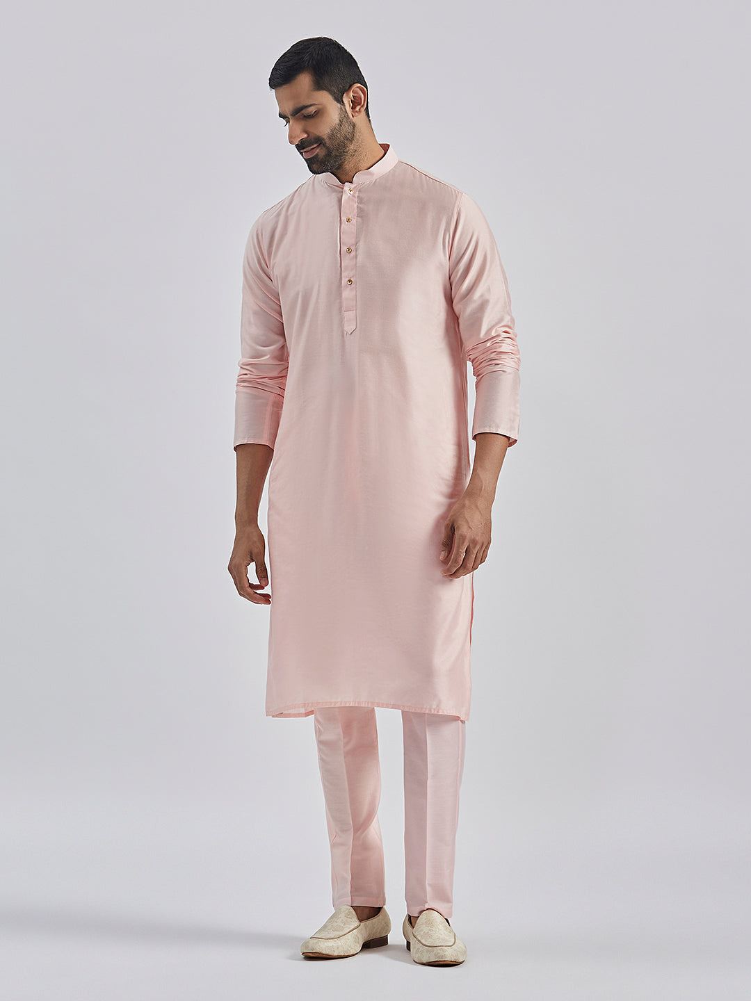 Men's Pink Poly Viscose Jacket, Kurta And Pyjama Set