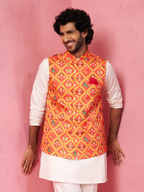 Men's Red Patola Print Nehru Jacket