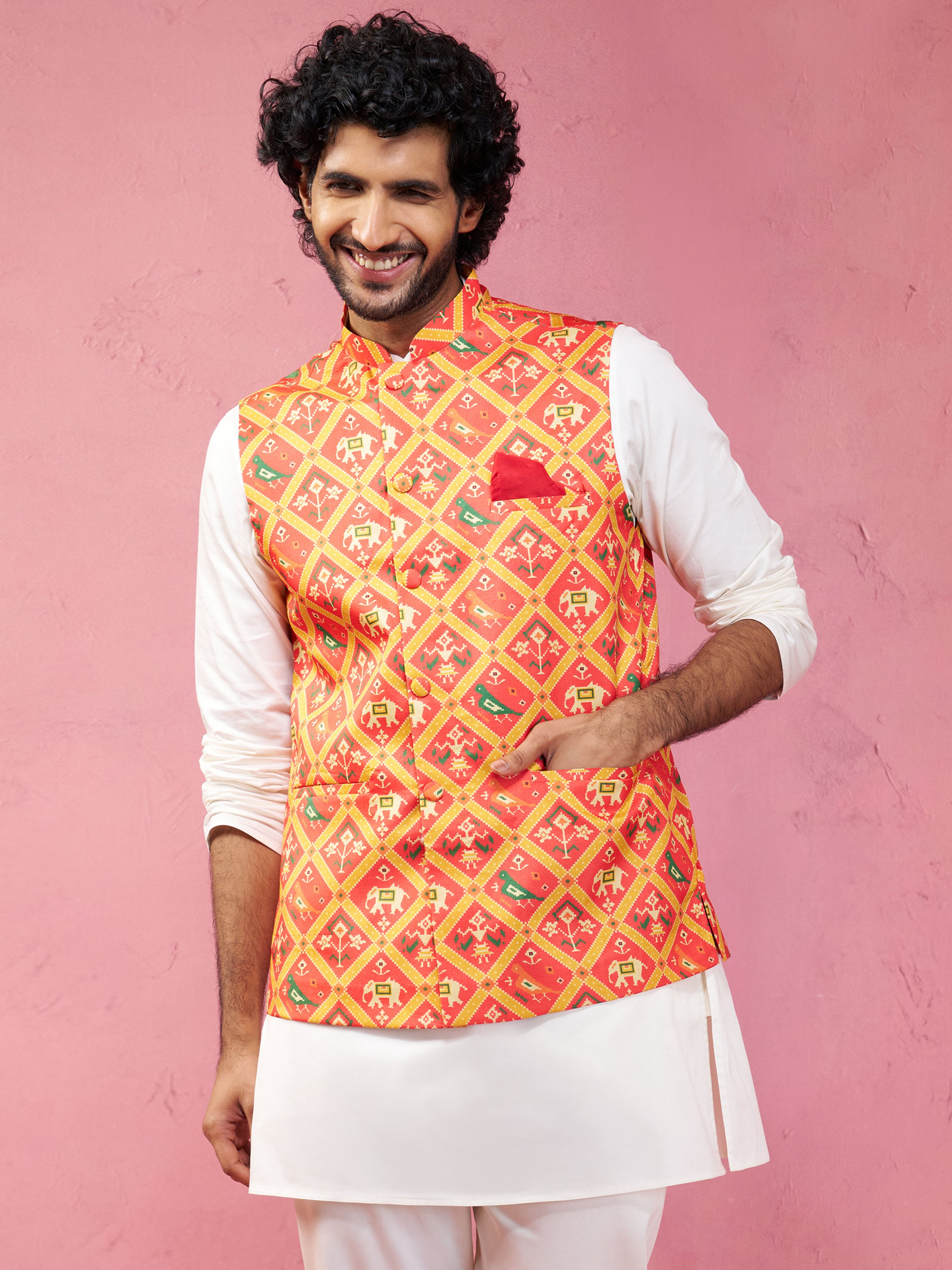 Men's Red Patola Nehru Jacket