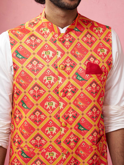 Men's Red Patola Print Nehru Jacket with Cream Kurta Pyjama