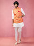 Men's Red Patola Print Nehru Jacket with Cream Kurta Pyjama