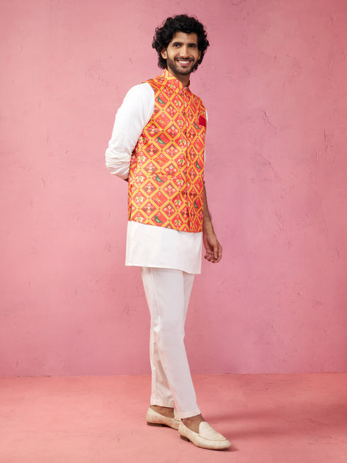 Men's Red Patola Print Nehru Jacket with Cream Kurta Pyjama