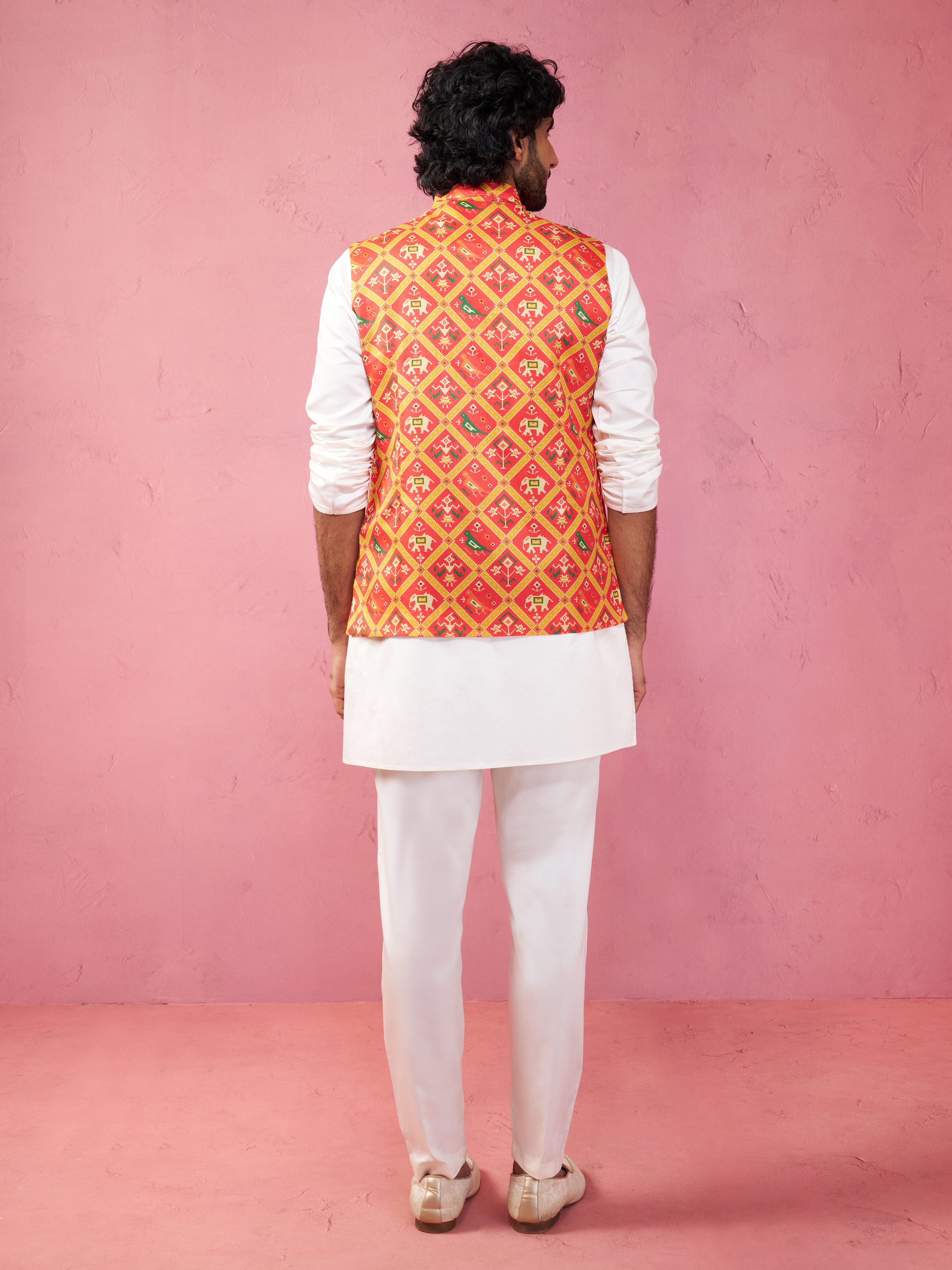 Men's Red Patola Print Nehru Jacket with Cream Kurta Pyjama