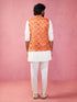 Men's Red Patola Print Nehru Jacket with Cream Kurta Pyjama