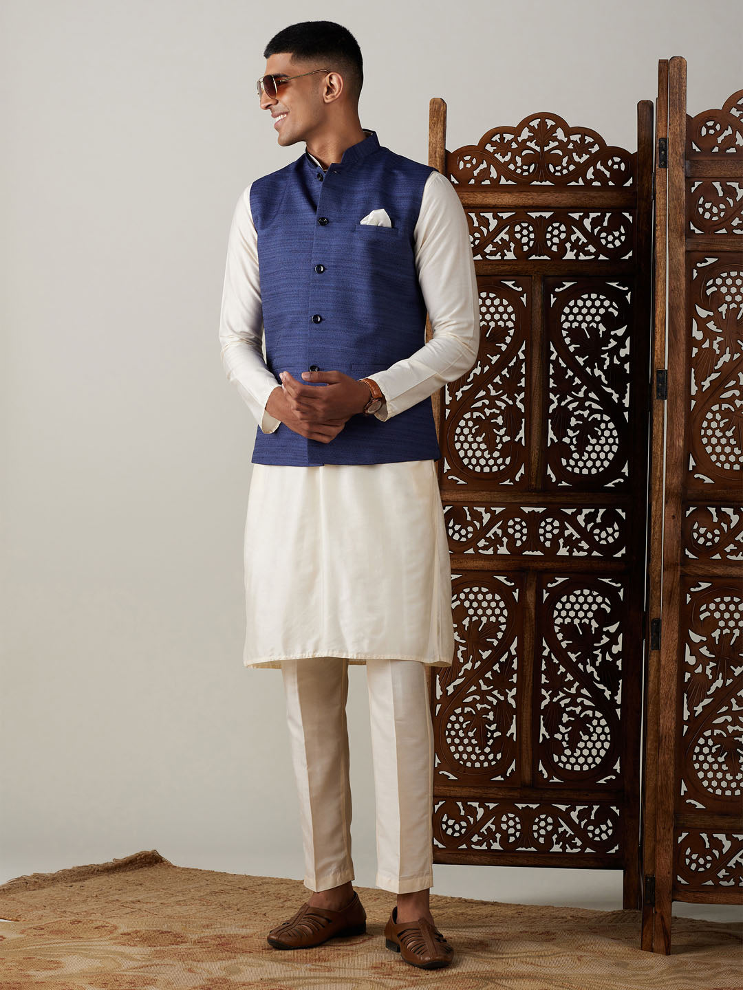 Men Blue Silk Blend Nehru Jacket with Cream Silk Kurta & Viscose Pyjama Set