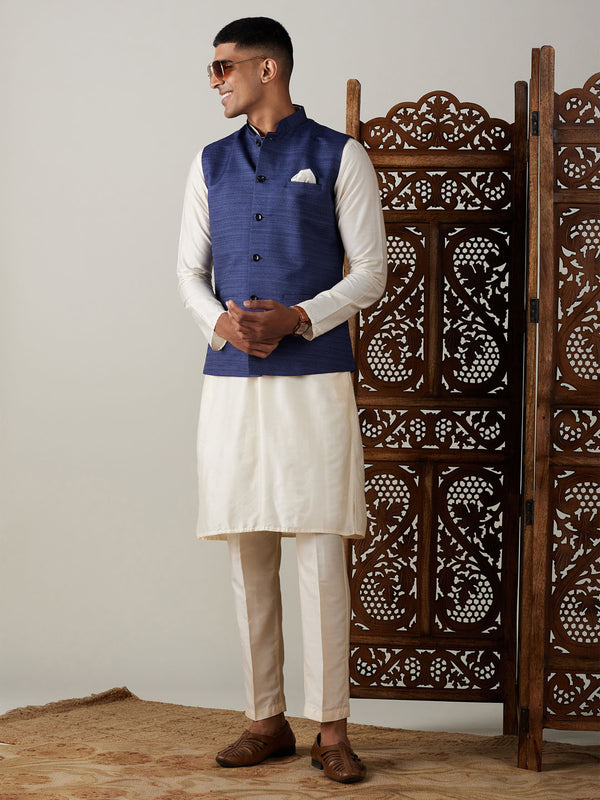 Men Blue Silk Blend Nehru Jacket with Cream Silk Kurta & Viscose Pyjama Set