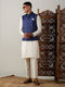 Men Blue Silk Blend Nehru Jacket with Cream Silk Kurta & Viscose Pyjama Set