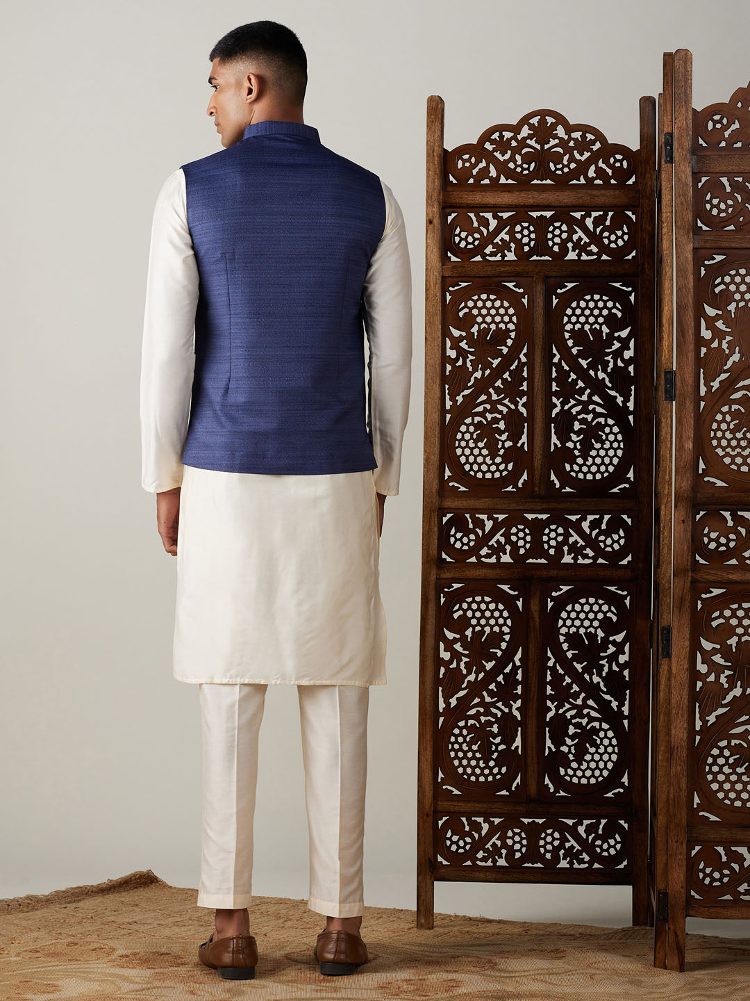 Men Blue Silk Blend Nehru Jacket with Cream Silk Kurta & Viscose Pyjama Set
