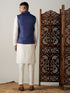 Men Blue Silk Blend Nehru Jacket with Cream Silk Kurta & Viscose Pyjama Set