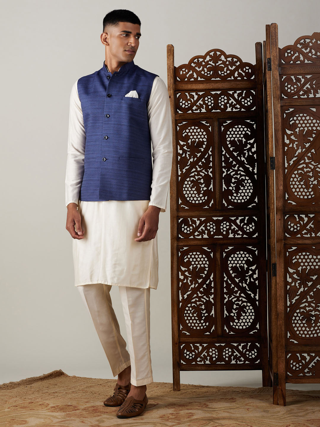 Men Blue Silk Blend Nehru Jacket with Cream Silk Kurta & Viscose Pyjama Set