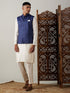 Men Blue Silk Blend Nehru Jacket with Cream Silk Kurta & Viscose Pyjama Set
