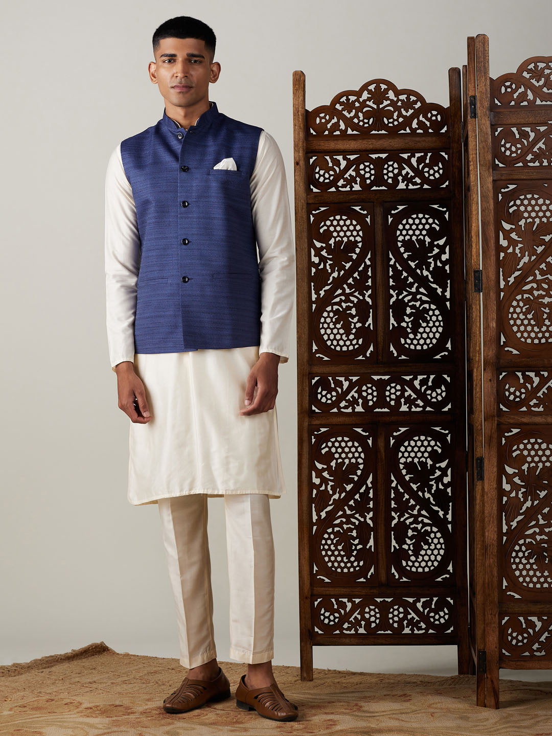 Men Blue Silk Blend Nehru Jacket with Cream Silk Kurta & Viscose Pyjama Set