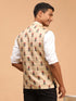 Men's Beige Rose Print Matka Silk Nehru Jacket