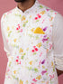 Men's Cream Base Multi Printed Cotton Blend Nehru Jacket