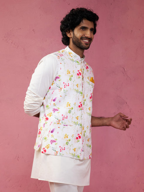 Men's Cream Base Multi Printed Cotton Blend Nehru Jacket