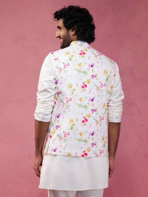 Men's Cream Base Multi Printed Cotton Blend Nehru Jacket