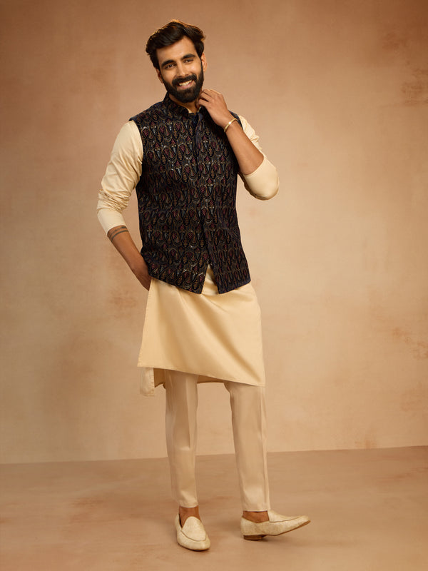 Men's Navy Blue Velvet Embroidered Nehru Jacket with Beige Solid Kurta & Pyjama Set