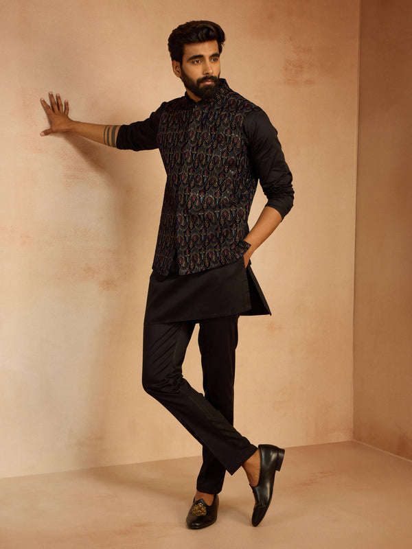Men's Navy Blue Velvet Embroidered Nehru Jacket with Black Solid Kurta & Pyjama Set