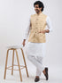 Men's Beige And White Cotton Blend Jacket, Kurta And Pyjama Set