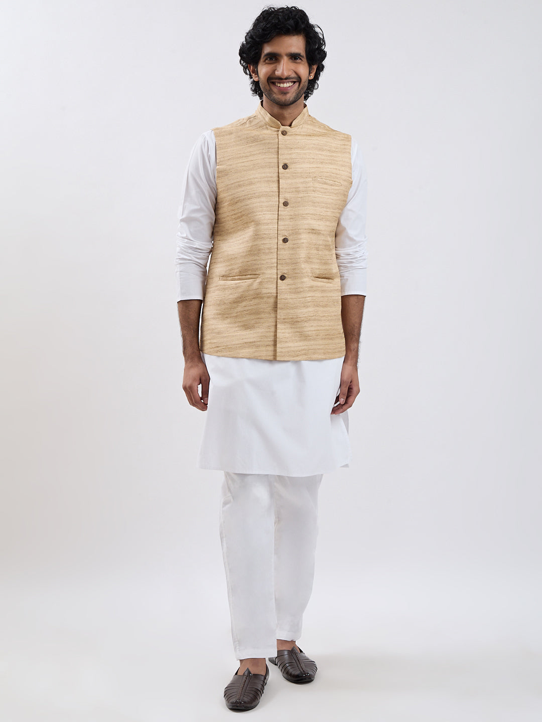 Men's Beige And White Cotton Blend Jacket, Kurta And Pyjama Set