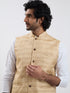 Men's Beige And White Cotton Blend Jacket, Kurta And Pyjama Set