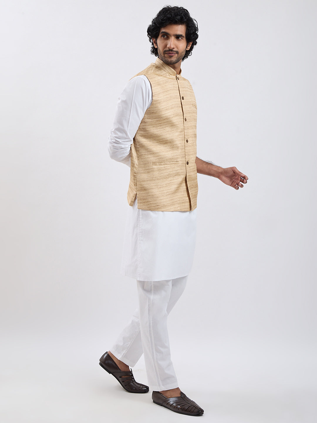 Men's Beige And White Cotton Blend Jacket, Kurta And Pyjama Set