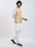 Men's Beige And White Cotton Blend Jacket, Kurta And Pyjama Set