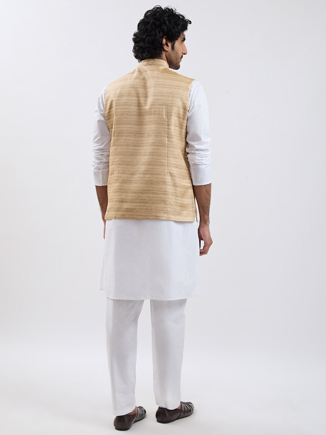 Men's Beige And White Cotton Blend Jacket, Kurta And Pyjama Set