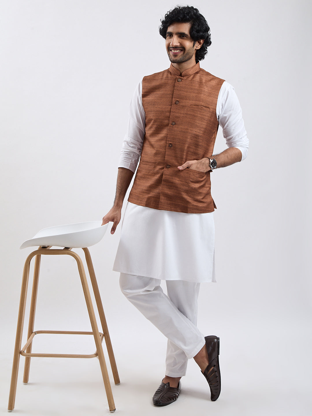 Men's Coffee Brown And White Cotton Blend Jacket, Kurta And Pyjama Set