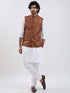 Men's Coffee Brown And White Cotton Blend Jacket, Kurta And Pyjama Set