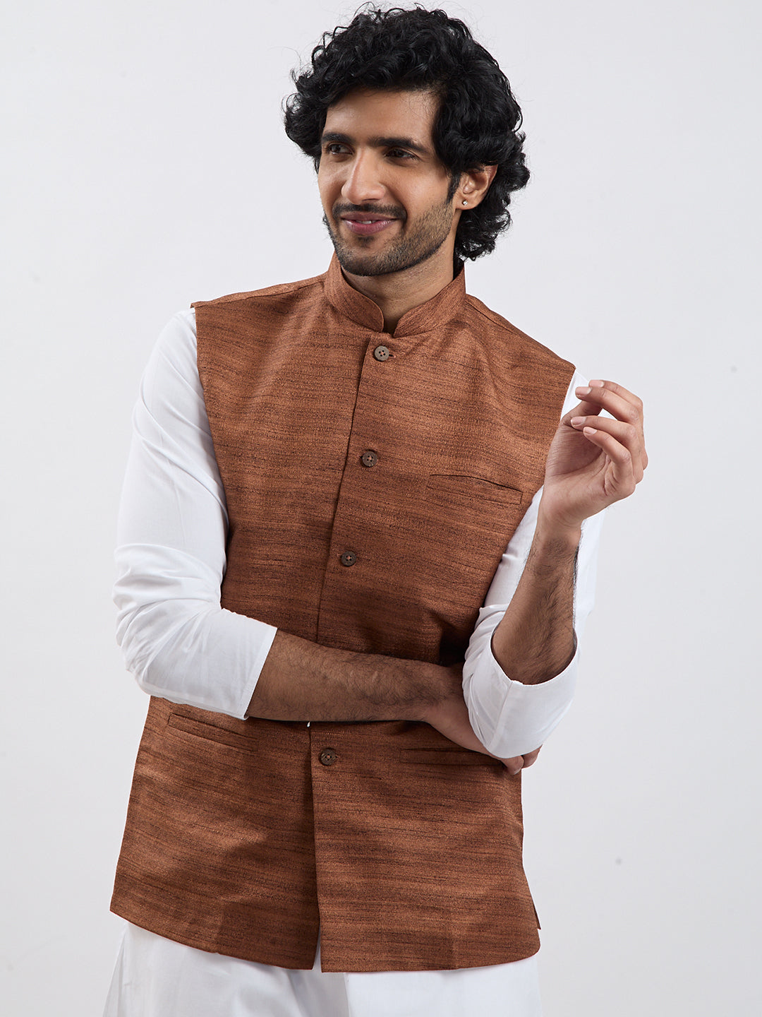 Men's Coffee Brown And White Cotton Blend Jacket, Kurta And Pyjama Set