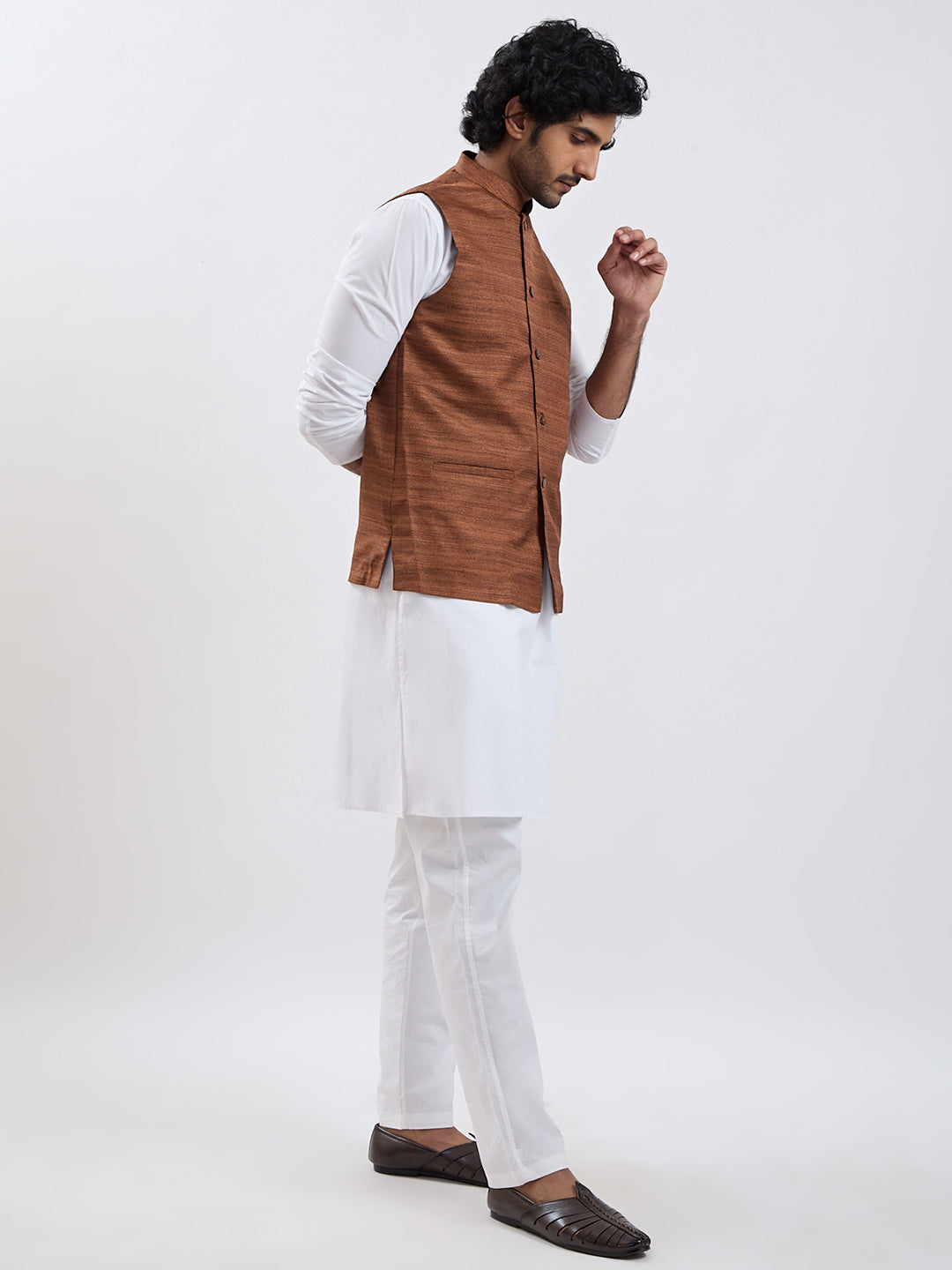 Men's Coffee Brown And White Cotton Blend Jacket, Kurta And Pyjama Set