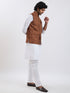 Men's Coffee Brown And White Cotton Blend Jacket, Kurta And Pyjama Set