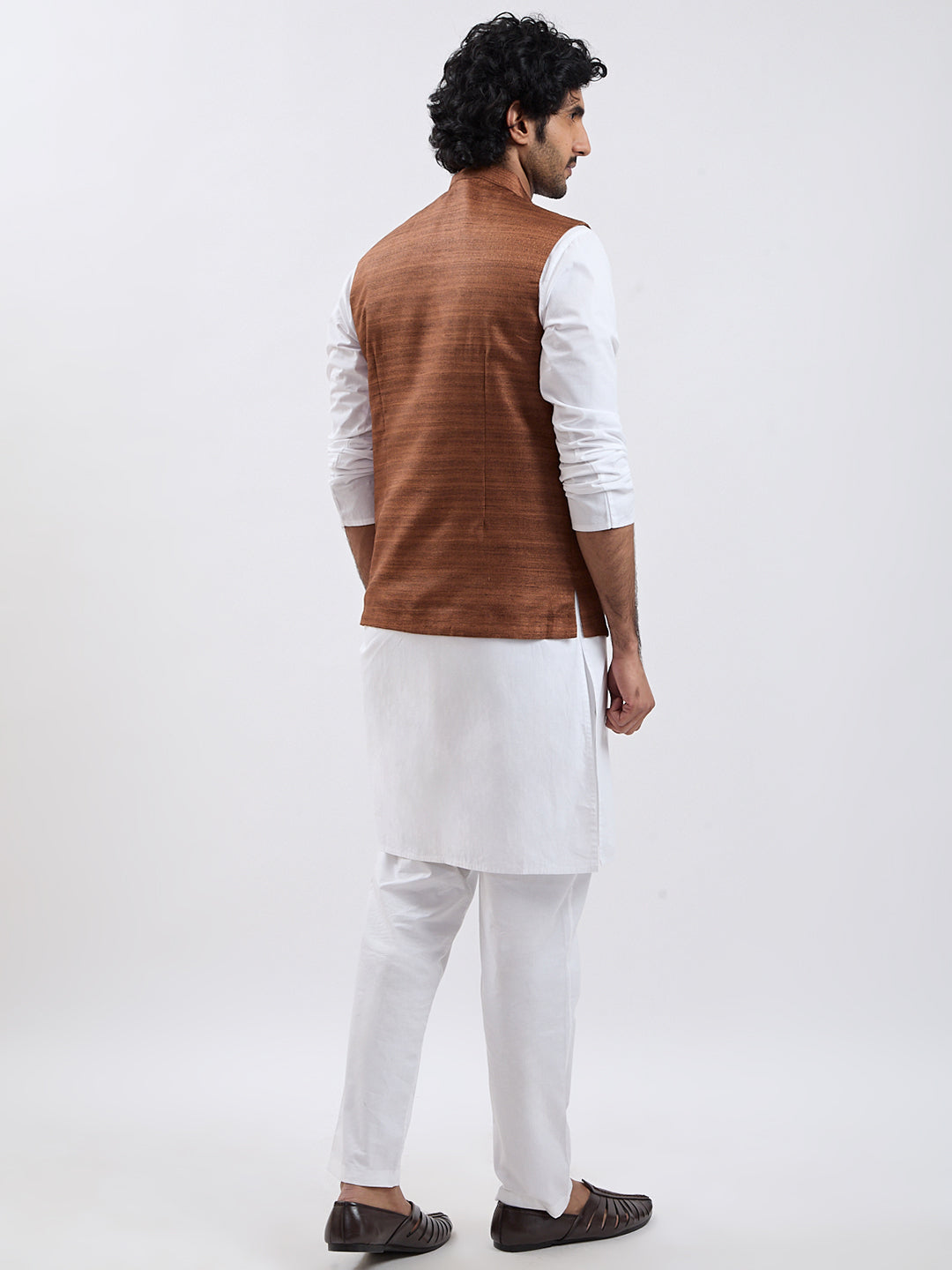 Men's Coffee Brown And White Cotton Blend Jacket, Kurta And Pyjama Set