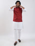 Men's Maroon And White Cotton Blend Jacket, Kurta And Pyjama Set
